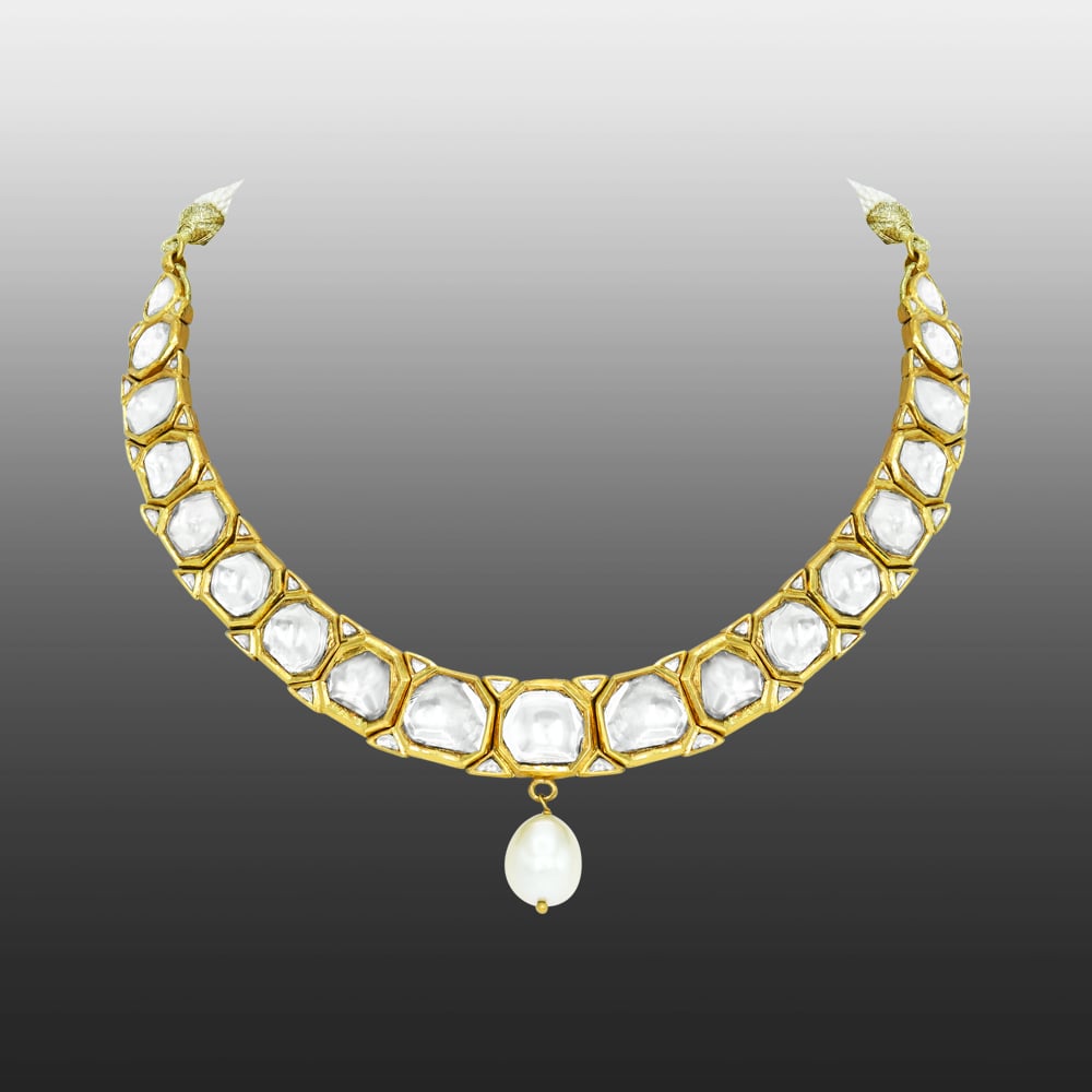 Polki Necklace with Gold Frame and Central Pearl Drop